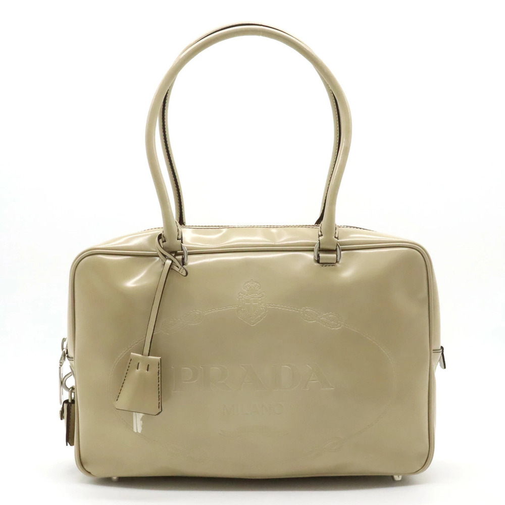Prada Tessuto Boston Tote Bag Shoulder Enamel Leather Beige Cream